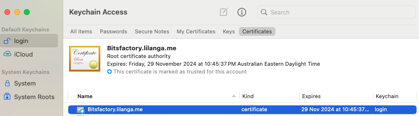 Add root certificate to the login certificate collection